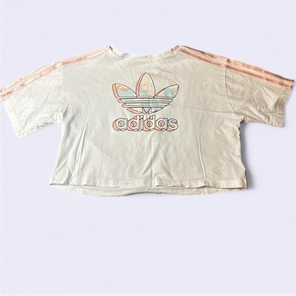 Adidas Girls' White Pastel Watercolor Trefoil Crop Tee - Size 11-12Y